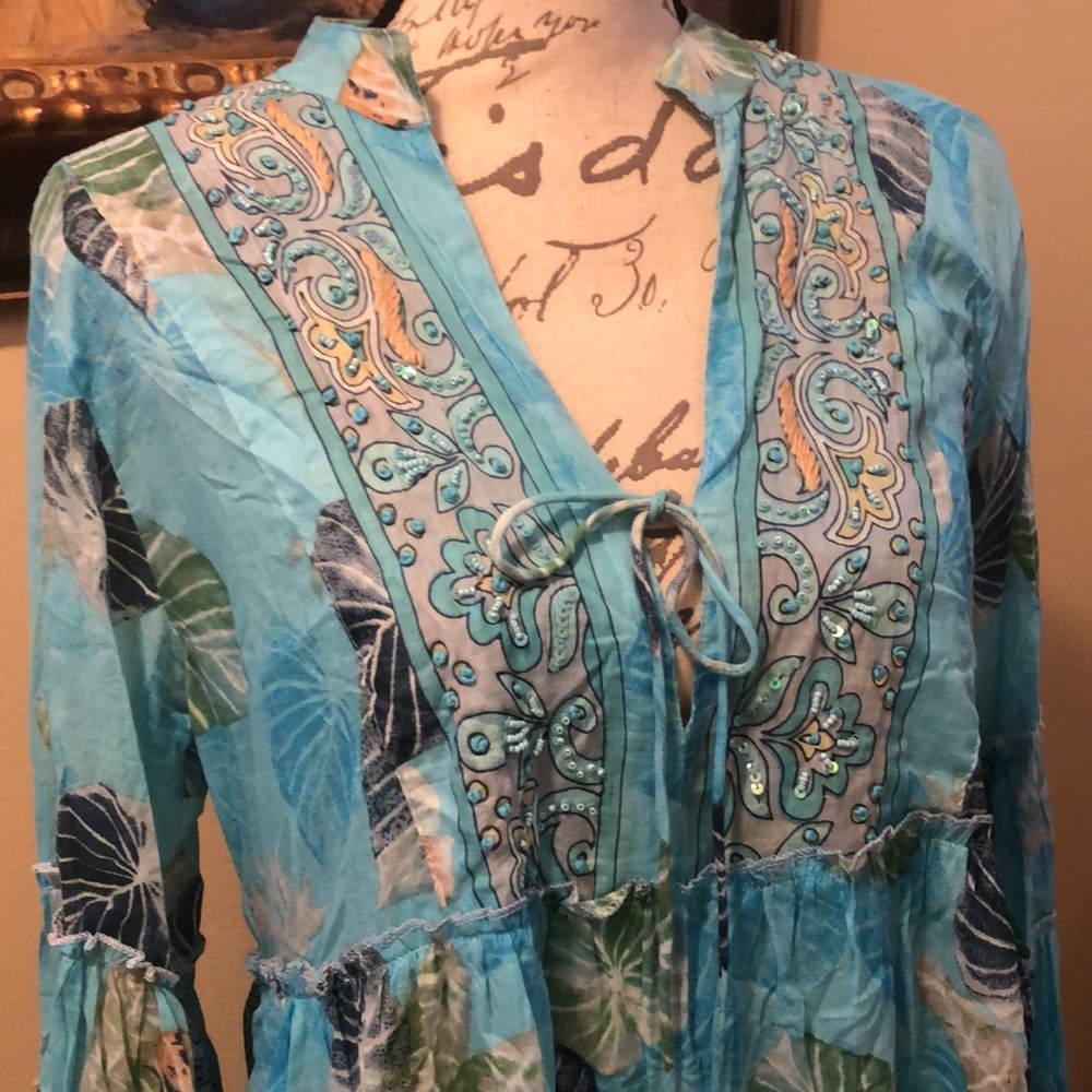 Zury tiered bohemian tropical print bell sleeve cotton babydoll coverup dress - Picture 3 of 12
